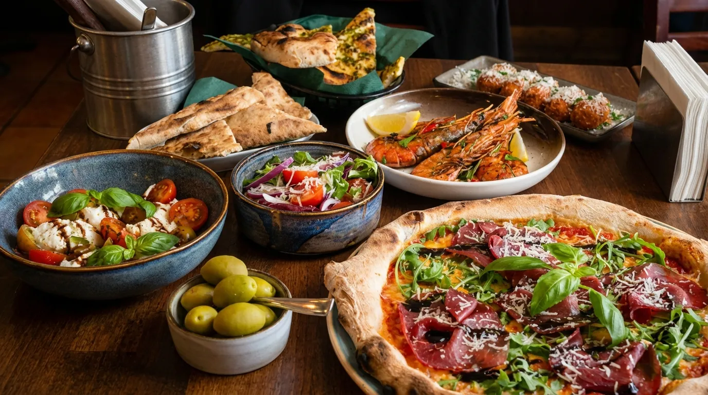 Spanish tapas with gambas, patatas bravas and olives